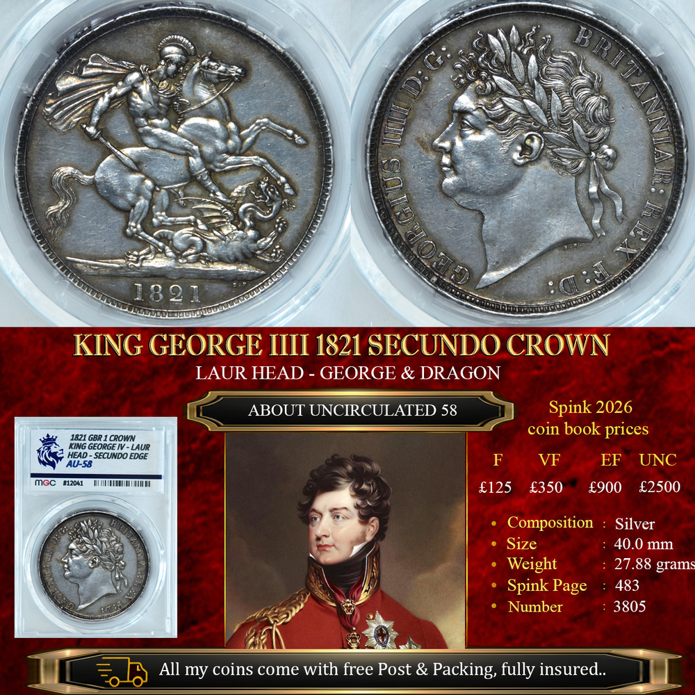 NICE KING GEORGE IIII 1821 SECUNDO CROWN AU58