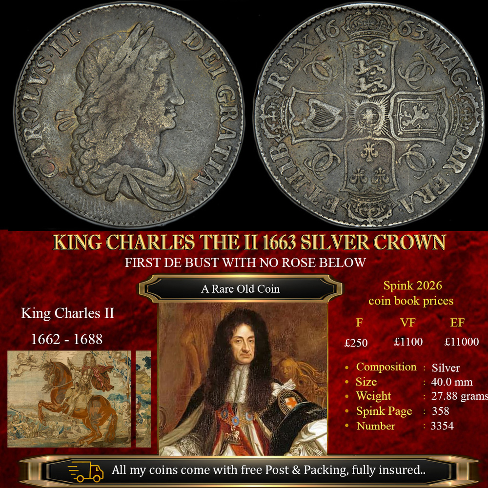 KING CHARLES THE II 1663 SILVER CROWN