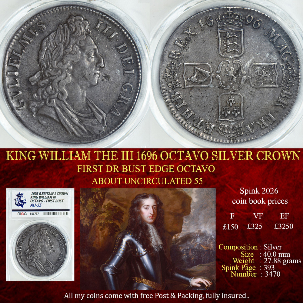 KING WILLIAM THE III 1696 OCTAVO SILVER CROWN AU55