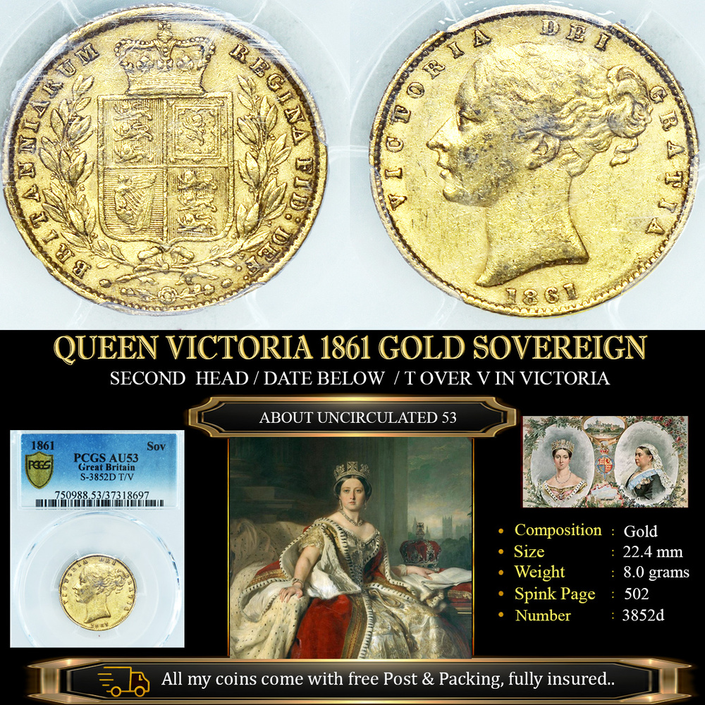 RARE QUEEN VICTORIA 1861 GOLD SOVEREIGN AU53