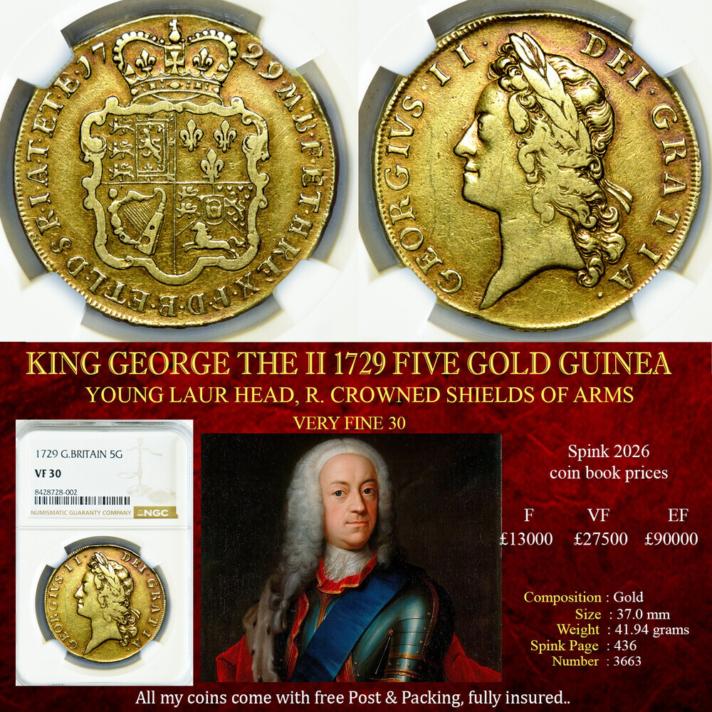KING GEORGE THE II 1729 FIVE GOLD GUINEA VF30