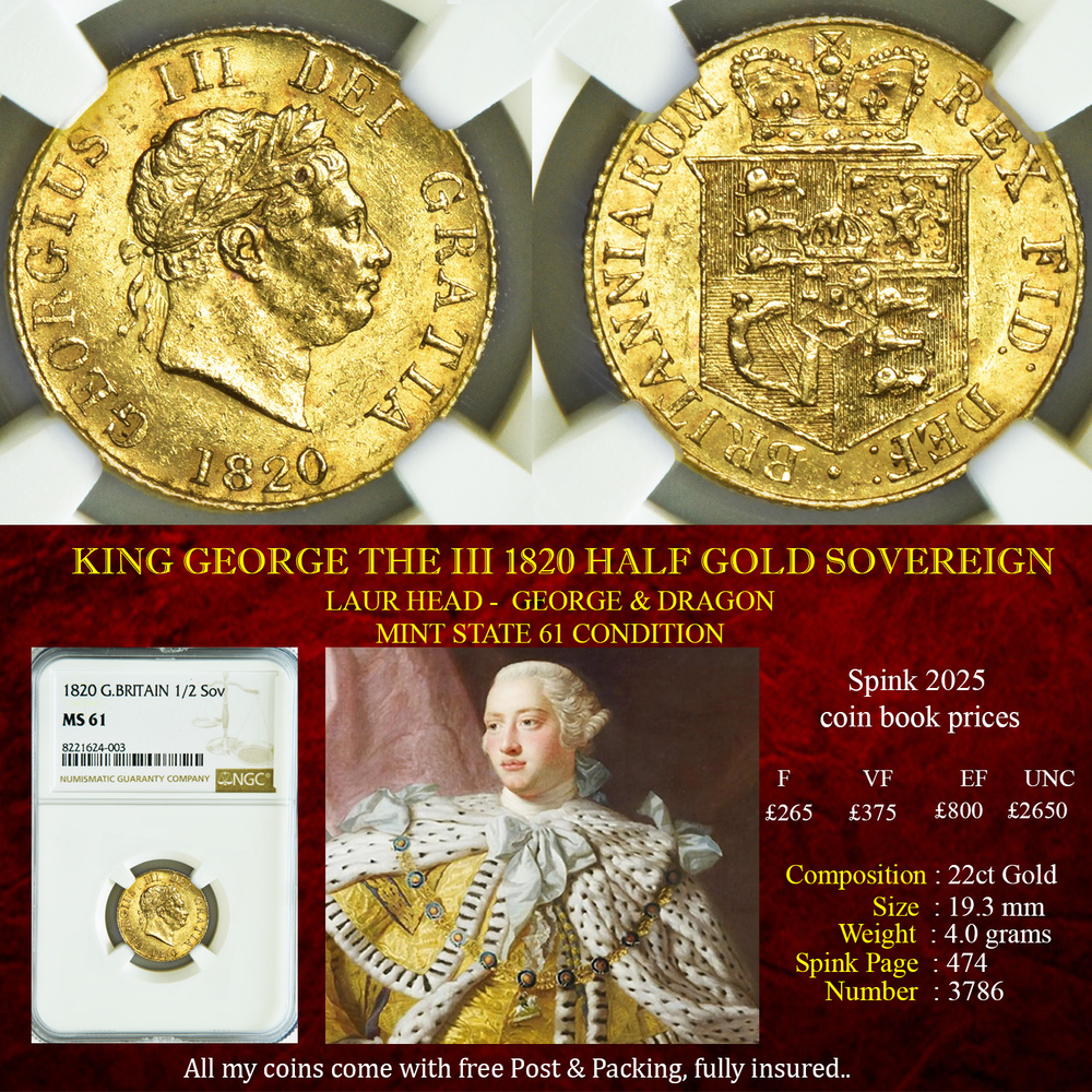 KING GEORGE lll 1820 HALF GOLD SOVEREIGN MINT STATE
