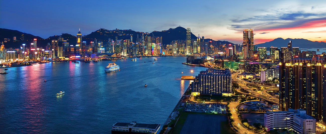 KMPAN-45 Island & Kowloon from Harbourfront Landmark at night - 2013 - Panoramas of Hong Kong - comtemporary
