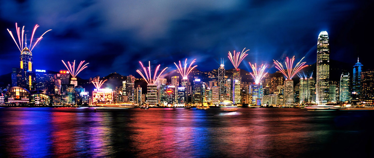 KMPAN-14 Fireworks on Central's  buildings - 2009 - Panoramas of Hong Kong - comtemporary