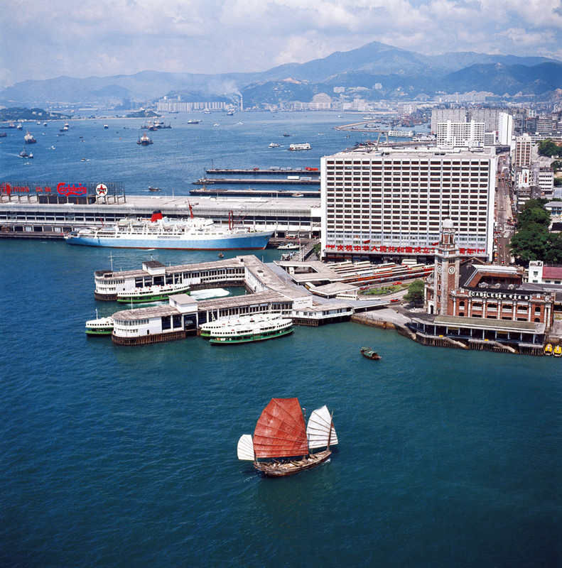 KM-11 Tsim Sha Tsui & junk from helicopter - 1976 - Junks, Sampans & Fishing in the 1970s & 80s