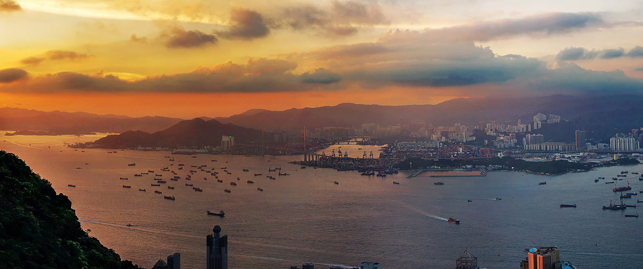 KMPAN-86 Container terminal & Tsing Yi bridge from the Peak - Panoramas of Hong Kong - comtemporary