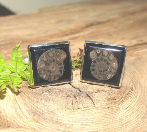 jcai044 Whitby Jet Cufflinks Ammonite Inlay - Whitby Jet Cufflinks Ammonite Inlay