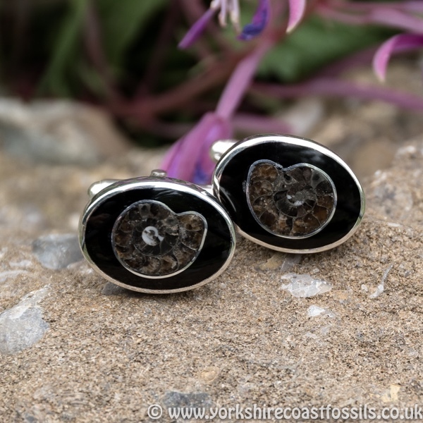 Sold jcai 50 Whitby Jet Cufflinks & Ammonite Inlay - Whitby Jet Cufflinks Ammonite Inlay