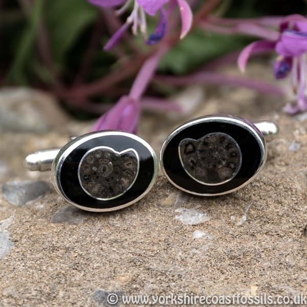 Sold jcai 48 Whitby Jet Cufflinks & Ammonite Inlay - Whitby Jet Cufflinks Ammonite Inlay