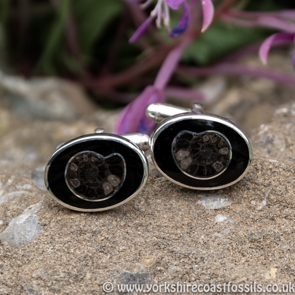 jcai 49 Whitby Jet Cufflinks & Ammonite Inlay - Whitby Jet Cufflinks Ammonite Inlay