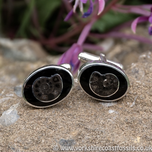 jcai 51 Whitby Jet Cufflinks & Ammonite Inlay - Whitby Jet Cufflinks Ammonite Inlay