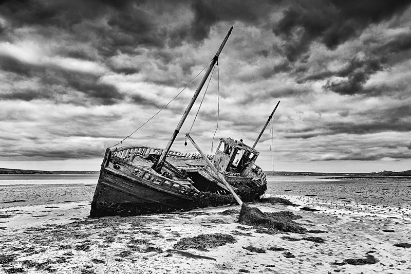 Abondoned boat at Broadhaven Bay, Ireland. - Black and White