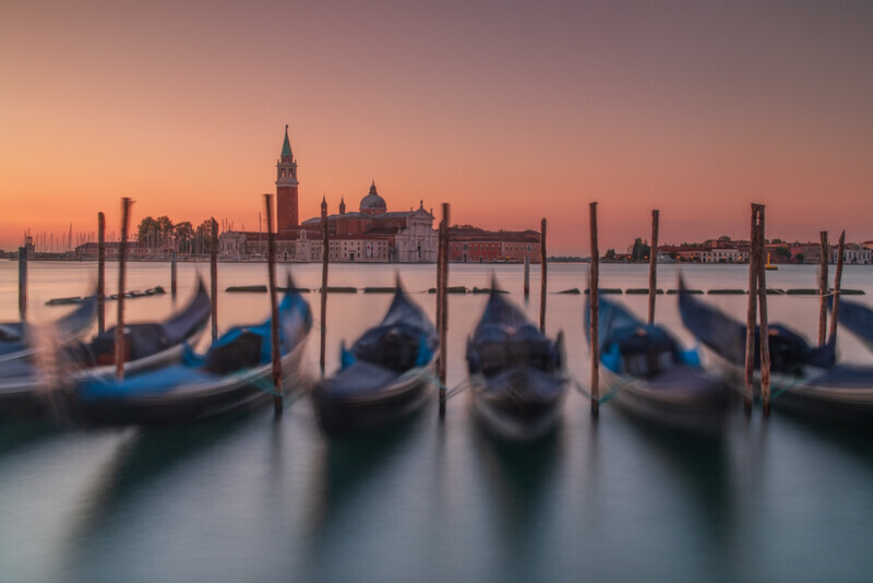 Gondolas and San Giorgio Maggiore at Dawn, Venice by Irish Photographer Adrian Hendroff - Outdoor Photography in Italy