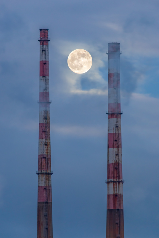 Moonrise Between Poolbeg Chimneys - Portrait Version, Dublin by Irish Photographer Adrian Hendroff - Landscape and Outdoor Photography in Irel
