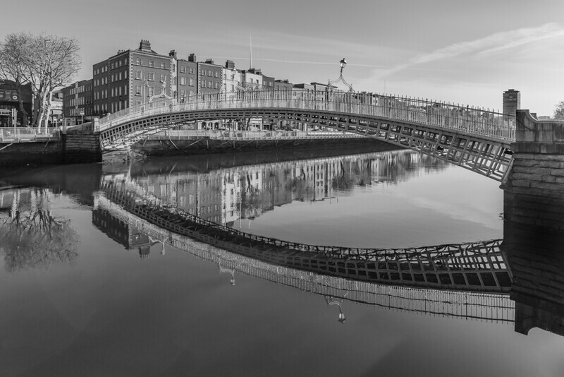 Ha'penny Bridge Reflection, Black and White, Dublin by Irish Photographer Adrian Hendroff - Landscape and Outdoor Photography in Ireland