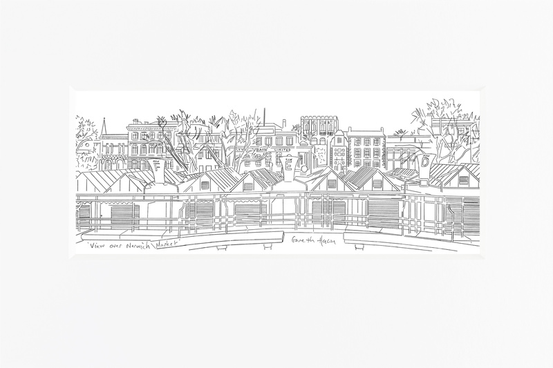 View over Norwich Market - Panoramic Line Art