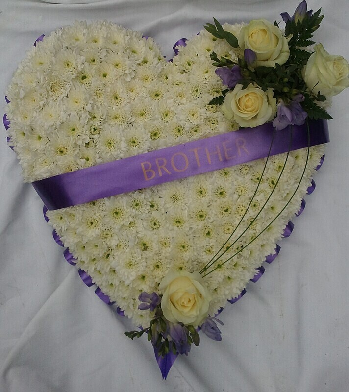 26 - White chysanthum heart with pernonalised ribbon - Funeral and Remembrance Flowers