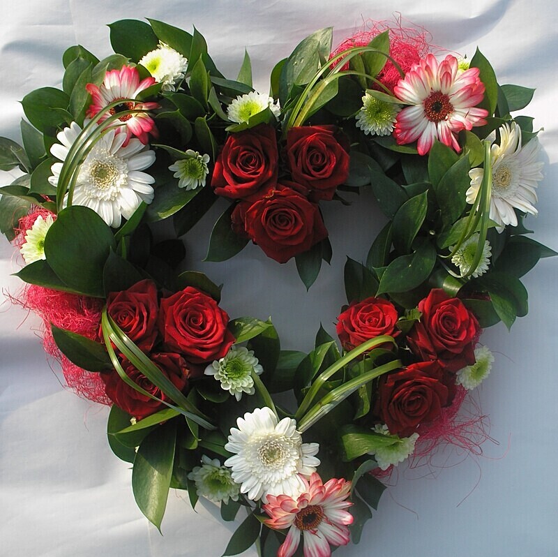 3 - Floral red rose open foliage heart - Funeral and Remembrance Flowers