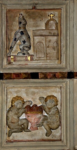 San Juan Bautista, lower cloister SW testera ceiling detail - Coyoacán