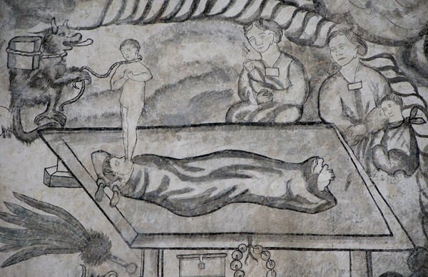 Lower scene: dying man. - San Juan Bautista, convento second story, friar's cell mural: Miracle of the Rosary mural