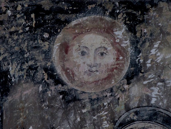 San Simón y San Judas, sacristy mural, Crucifixion, detail top left - Calpulalpan, Tlaxcala