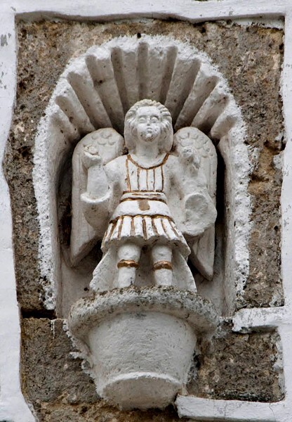 San Bartolo, façade, niche sculpture, St. Michael Archangel - San Bartolo Amanalco, México
