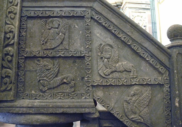 Santiago Apóstol, pulpit closeup, Evangelists' tetramorph - Tonalá, Jalisco
