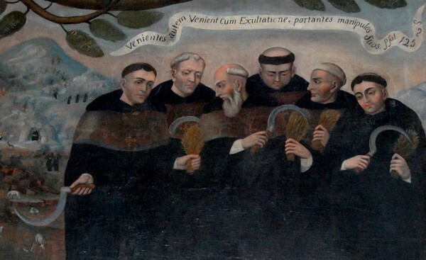 Patio stairwell mural, Lineage of St. Augustine, detail - ex-Hacienda Santa Mónica