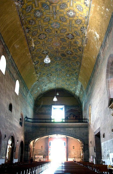Nave, barrel vault & choir - San Miguel Arcángel, nave, apse, & sotocoro murals