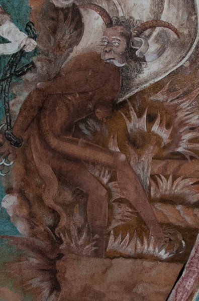 Webbing painting: Chaining of the Beast, detail - Tecamachalco, Puebla, La Asunción de Nuestra Señora, sotocoro