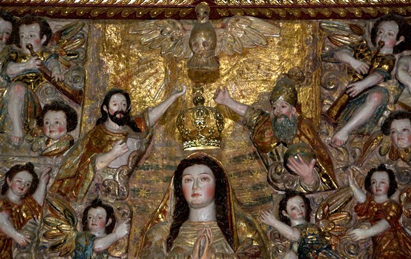 La Asunción, extant high altar relief, Assumption of Mary, detail - Milpa Alta