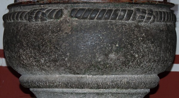 Baptismal font with Franciscan cord - San Francisco, façade, portería, cloister & murals