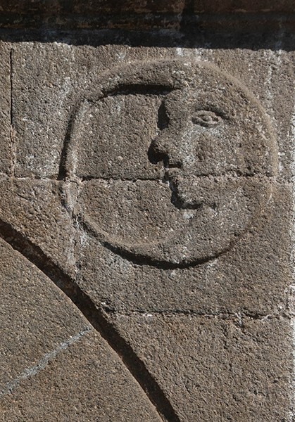 La Concepción, façade, main portal, right spandrel relief, moon - Chiautempan, Tlaxcala