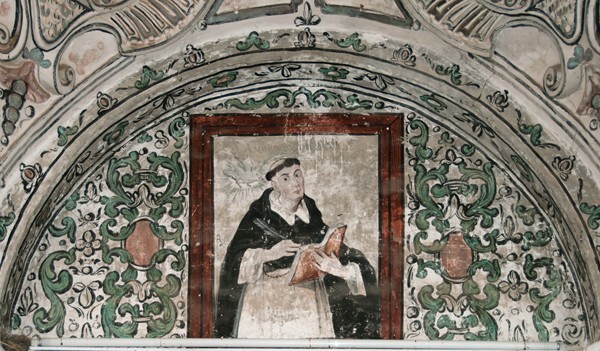 SS Pedro y Pablo, lower cloister walk, testera lunette mural - Etla, Oaxaca, San Pedro y San Pablo