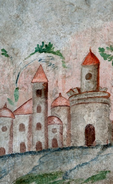 San Miguel Arcángel, sacristy mural, Crucifixion, background city - Xometla, México