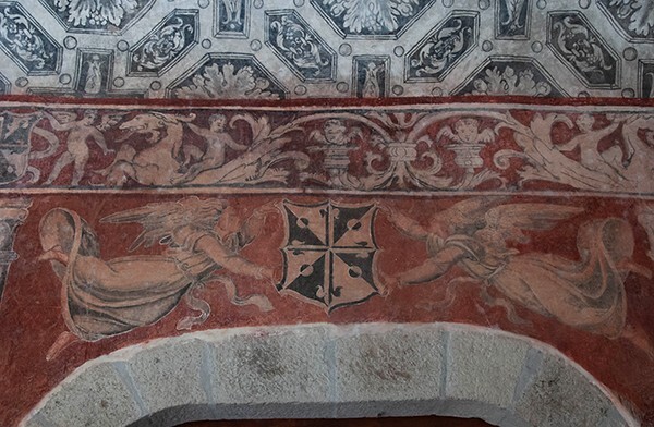 Lower cloister walk, W arcade portal mural - San Juan Bautista, lower cloister walk, S & W arcades, pier murals