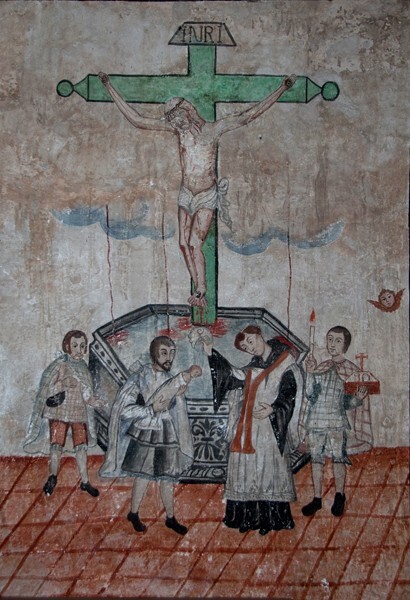 San Miguel Arcángel, baptistery mural, Crucifixion - Xometla, México