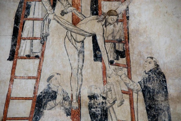 San Juan Bautista, vestibule, E wall fresco, Deposition, detail - San Juan Teitipac, Oaxaca