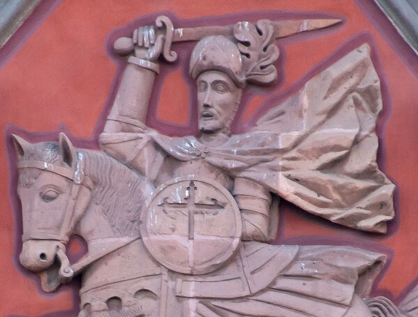 Upper façade relief, St. James the Moor Slayer. detail - San Francisco