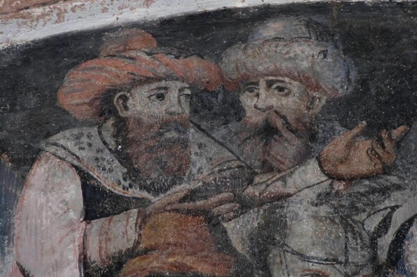 Santiago, lower cloister ambulatory, SW testera, Via Crucis, closeup - Copándaro, Michoacán