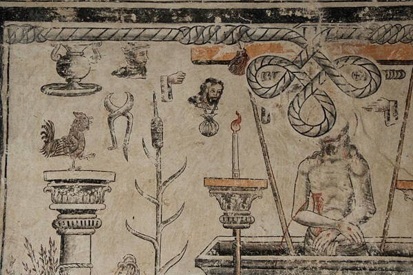 Upper cloister walk, NE testera mural, Mass of St. Gregory, detail - San Francisco, façade, portería, cloister & murals