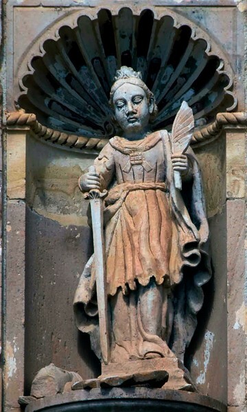 Santa Catarina, façade, second tier sculpture (left), St. Catherine - Ixtepeji, Oaxaca