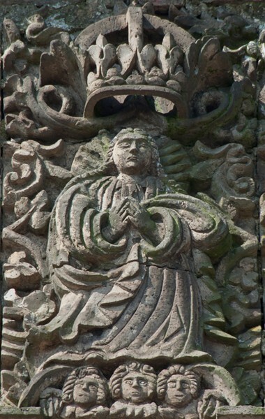 San Sebastián Analco, façade, gable relief, Coronation of the Virgin - San Sebastián Analco