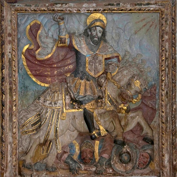 Santiago, high altar, extant central panel, St. James the Moor Slayer - Tilantongo, Oaxaca