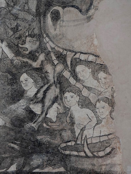 Lower scene: the Maws of Hell - San Juan Bautista, convento second story, friar's cell mural: Miracle of the Rosary mural