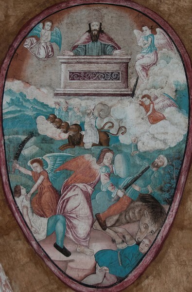 Webbing painting: Opening of the Seventh Seal - Tecamachalco, Puebla, La Asunción de Nuestra Señora, sotocoro