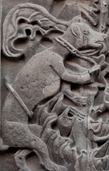 Left pilaster, lower half relief, detail - Casa del que mató el aminal (main portal)