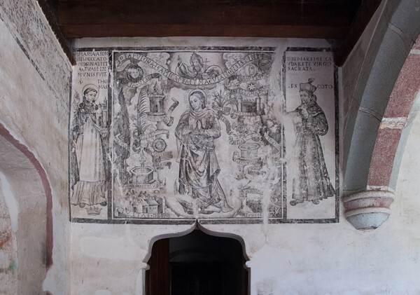 Lower cloister walk, NE testera mural - San Miguel Arcángel, cloister & murals