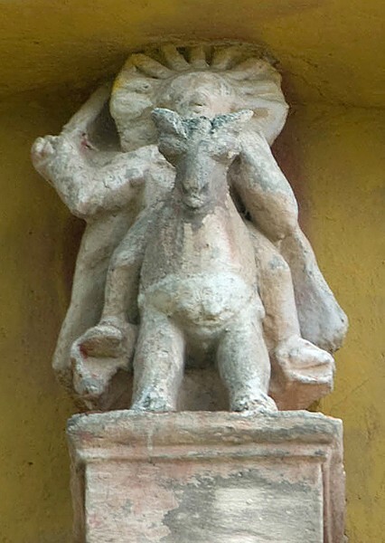 Hacienda, chapel façade, second story sculpture, St. James Moor Slayer - Santiago Tetlapayac, Hidalgo