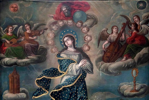 San Cristóbal, nave painting, Virgin Immaculate, detail - Coyotepec, México